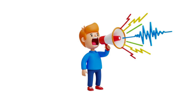 A man shouting into a megaphone isolated on transparent background, conveying a message with emphasis, urgency, and widespread communication