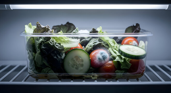 Moldy Salad Ingredients in Refrigerated Clamshell Container Display Deterioration Issues