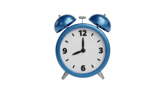Blue alarm clock isolated on transparent background showing eight oclock, a classic timekeeping device with a retro design and bell on top