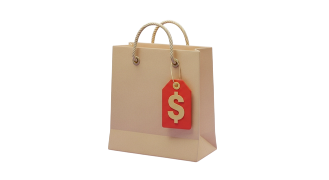 Shopping bag with a price tag isolated on transparent background, a symbol of retail, commerce, and consumerism with dollar sign on the tag
