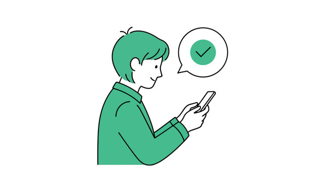 A person uses a smartphone, receiving a positive digital confirmation indicated by a green checkmark in a speech bubble, symbolizing successful online interaction and task completion