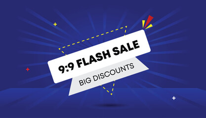 flash sale 9 to 9 big discounts editable web banner vector art template design badge icon label white gray shapes blue dark light sun shine abstract business background