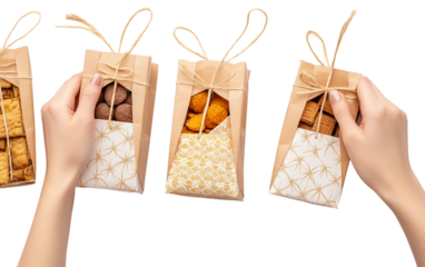 Pair of hands arranging Ramadan gift bags for festive and thoughtful celebration isolated on transparent background PNG
