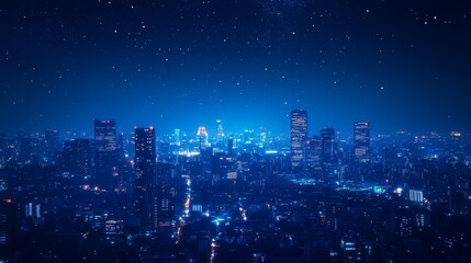 A nighttime blue wallpaper with glowing city lights in the distance 