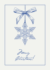 Vintage illustration Merry Christmas snowflake with bow. Blue beige. Hand drawn, single element. Vector background for design holiday decor, decoration, greeting card, cover, poster. Minimalism