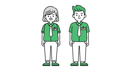 Clean vector illustration depicting a friendly male and female service staff team, showcasing cheerful employees ready to provide customer assistance in a professional business setting