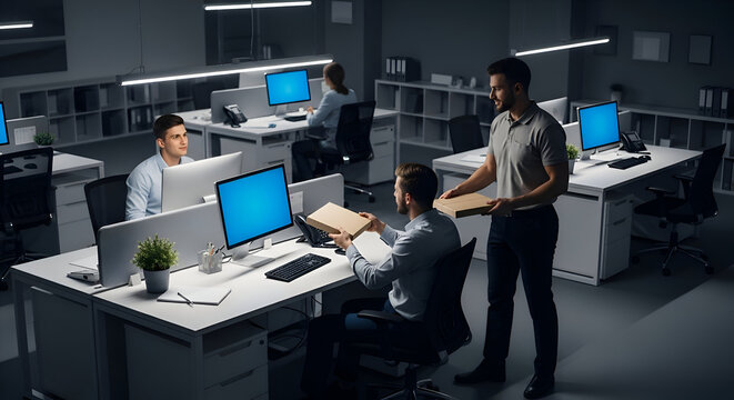 Office Workers Collaborating During Late Hours, Delivering Boxes, Modern Interior