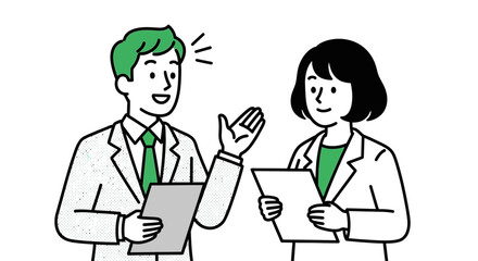 Two animated professionals in lab coats engage in a lively discussion, reviewing documents and sharing insights, symbolizing effective communication, collaborative teamwork in a dynamic workplace