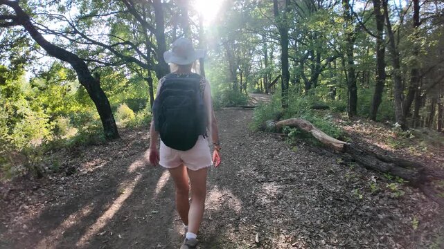 Hiker with backpack walking a forest trail in the Danube gorge, enjoying the sunlit nature and views over the Great Boilers area in Serbia and Romania. SLOW MOTION