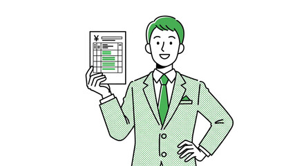 Smiling business professional confidently presenting an important financial report or successful data document, highlighted with green checkmarks signifying positive outcomes and achievements