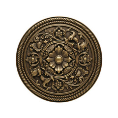 Ornate bronze round emblem with floral and animal motifs detailed texture