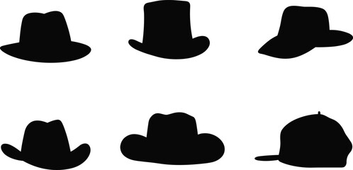 Black hat silhouette vector set, fashion accessory icons, cowboy, fedora, top hat, baseball cap design for stock use