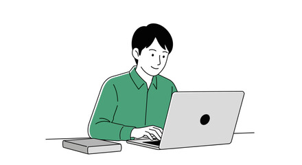 Smiling young man focused on his laptop, engaged in productive work or online learning, embodying modern digital lifestyle and remote productivity