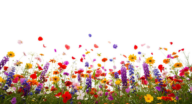 Illustration of field of colorful wildflowers with petals falling isolated on transparent background