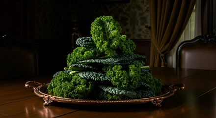 Pile of fresh green kale leaves on a decorative tray on a wooden table