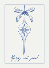 Vintage illustration Merry Christmas and Happy New Year toy with bow. Blue beige. Hand drawn, single element. Vector background for design holiday decor, greeting card, cover, poster. Minimalism