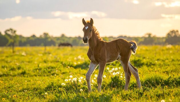 A young foal stands amidst a vibrant meadow, bathed in the golden light of a summer sunset.