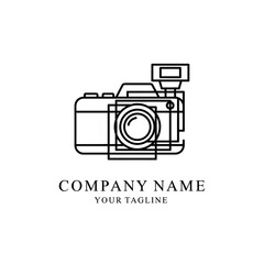 Camera logo design with company name and tagline below, line art style.