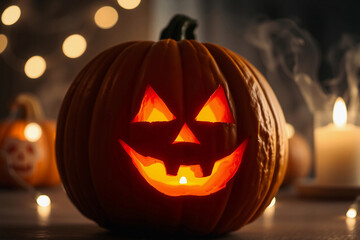 Fototapeta premium A carved pumpkin with a smiling face glows warmly, surrounded by softly flickering candles and festive lights. This scene captures the essence of Halloween night