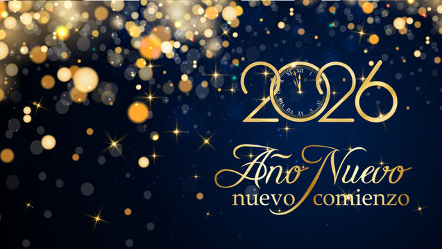 Tarjeta o pancarta para desear un nuevo comienzo para el nuevo año 2026 en dorado sobre fondo azul con círculos de color dorado y brillo en efecto bokeh.