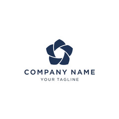 A modern, minimalist logo design featuring a blue pentagonal shape resembling a camera shutter or aperture, with placeholder text for company name and tagline.