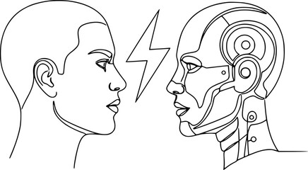 Two profiles &mdash; a human and a robot &mdash; separated by a lightning bolt. Conflict or rivalry: human intelligence versus artificial intelligence.