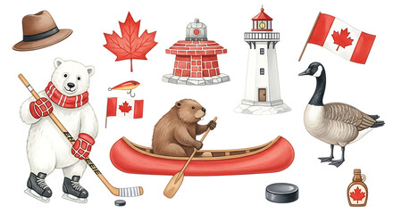 Illustration of collection of canadian symbols including a polar bear, beaver, and maple leaf isolated on transparent background