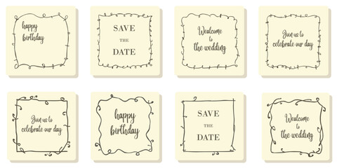 Vintage greeting card set with decorative frames and handwritten calligraphy text. Elegant save the date and happy birthday designs for events and celebrations. Classic template for invitations or ann