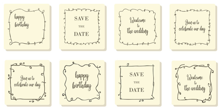 Vintage greeting card set with decorative frames and handwritten calligraphy text. Elegant save the date and happy birthday designs for events and celebrations. Classic template for invitations or ann