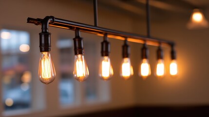Warmly lit pendant lights hang in a cozy restaurant, creating an inviting atmosphere for diners