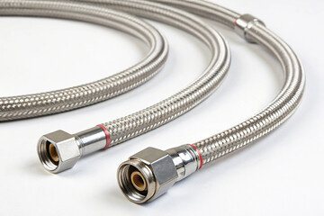 Flexible hose connectors with metal braiding and a red stripe, highlighting plumbing hardware and strength.