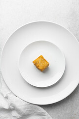 Overhead view of fried tofu, top view of pan fried soya bean tofu cubes