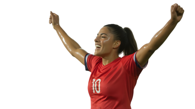 Female soccer player with arms raised in victory isolated on transparent background