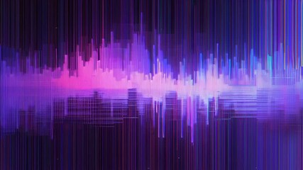 Experimental digital visualization transforming metropolitan skyline through technological distortion. Pixelated architectural silhouettes merging with vibrant purple and blue color gradients, loop - Powered by Adobe