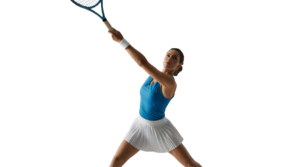 Woman playing tennis, hitting a forehand shot, isolated on transparent background