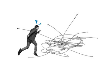 Composite photo collage of anonym confused man run arrow pointer turn direction career development...