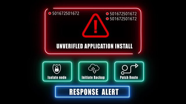 unverified application install response notification on digital interface in data center server room with isolate node initiate backup patch route options. glowing neon lights cybersecurity hacking 