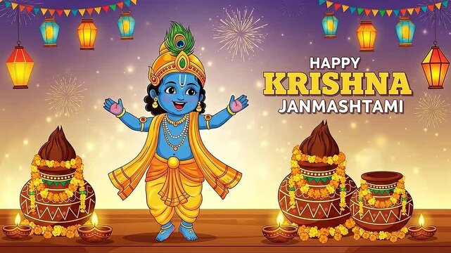 Happy Krishna Janmashtami Celebration with Lord Krishna and Festive Decorations.