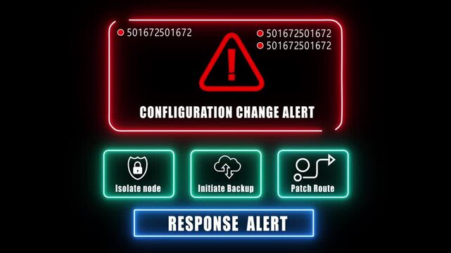 configuration change alert response notification on digital interface in data center server room with isolate node initiate backup patch route options. glowing neon lights cybersecurity hacking Warnin