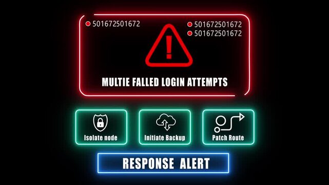 mulita felled login attempts  response notification on digital interface in data center server room with isolate node initiate backup patch route options. glowing neon lights cybersecurity hacking 
