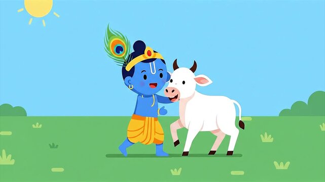 Little Krishna and a white cow playing together in a green field under the sun.
