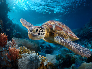 Sea turtle gracefully swims through vibrant coral reef, showcasing underwater beauty and marine life diversity.