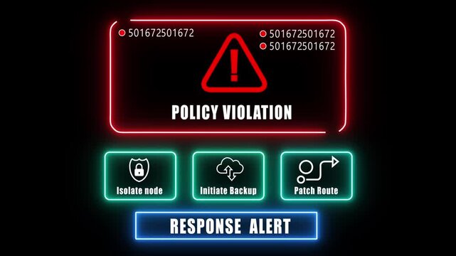 policy violation response notification on digital interface in data center server room with isolate node initiate backup patch route options. glowing neon lights cybersecurity hacking Warning