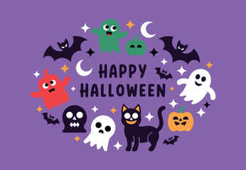 Happy Halloween. Spooky characters including bats, pumpkins, ghosts, cat arranged in a circle. Perfect for greetings card, poster, ads, label, cover, print etc