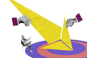 Composite photo collage of happy man business worker sit chair show promotion arrow target progress growth isolated on painted background