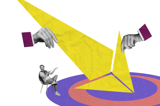 Composite photo collage of happy man business worker sit chair show promotion arrow target progress growth isolated on painted background