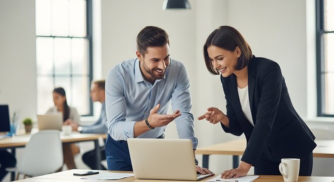 Two Business Professionals Discussing Project on Laptop in Modern Office