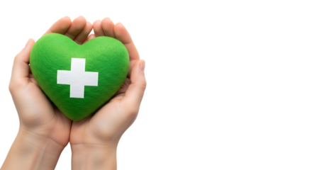 Illustration of hands holding a green heart with a white cross symbol isolated on transparent background