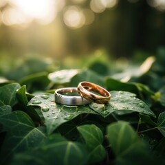 Gold and silver wedding bands with water droplets resting on lush green leaves bathed in soft light, symbolize a couples union and promise of a lifetime together.