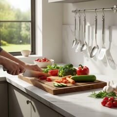 Woman expertly cuts garden-fresh vegetables on a wood cutting board in a sunlit kitchen, preparing a healthy, homemade meal with a sharp knife.